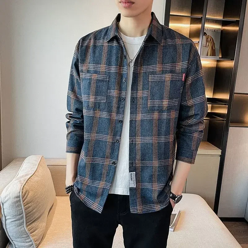 

Spring Autumn Plaid Fashion Harajuku Shirt Men Loose Casual Korean Male Clothes Sport All Match Tops Long Sleeve Vintage Blouse