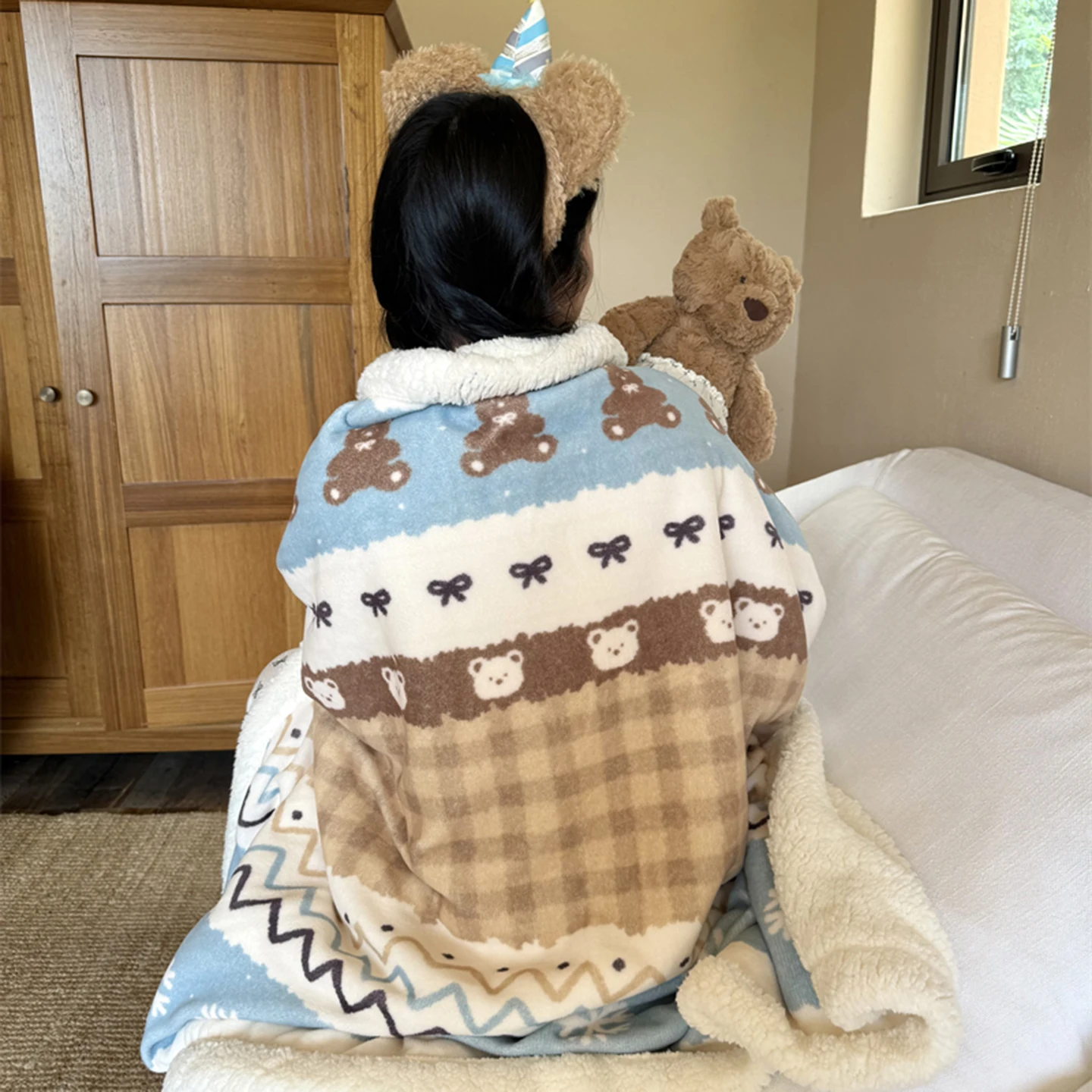 

Плед Island Sle Snowflake Bear из молочного и овечьего вельвета, покрывало для дивана, накидка на плечи, дышащий, уютный, теплый зимний плед