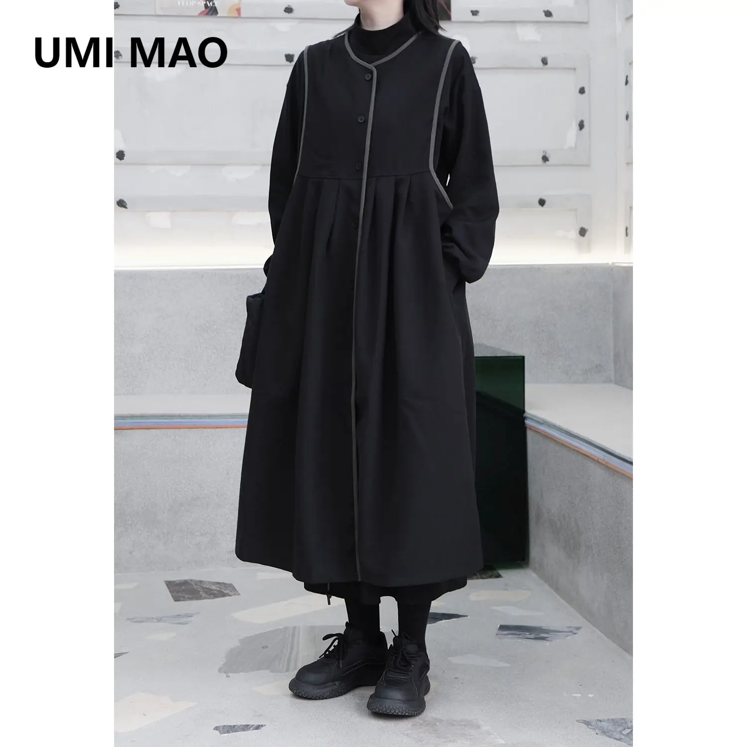 UMI MAO Yamamoto Dark Niche Contrasting Edge Wrapped Woolen Vest Dress Simple  Versatile Long Base Dress Femme Y2K