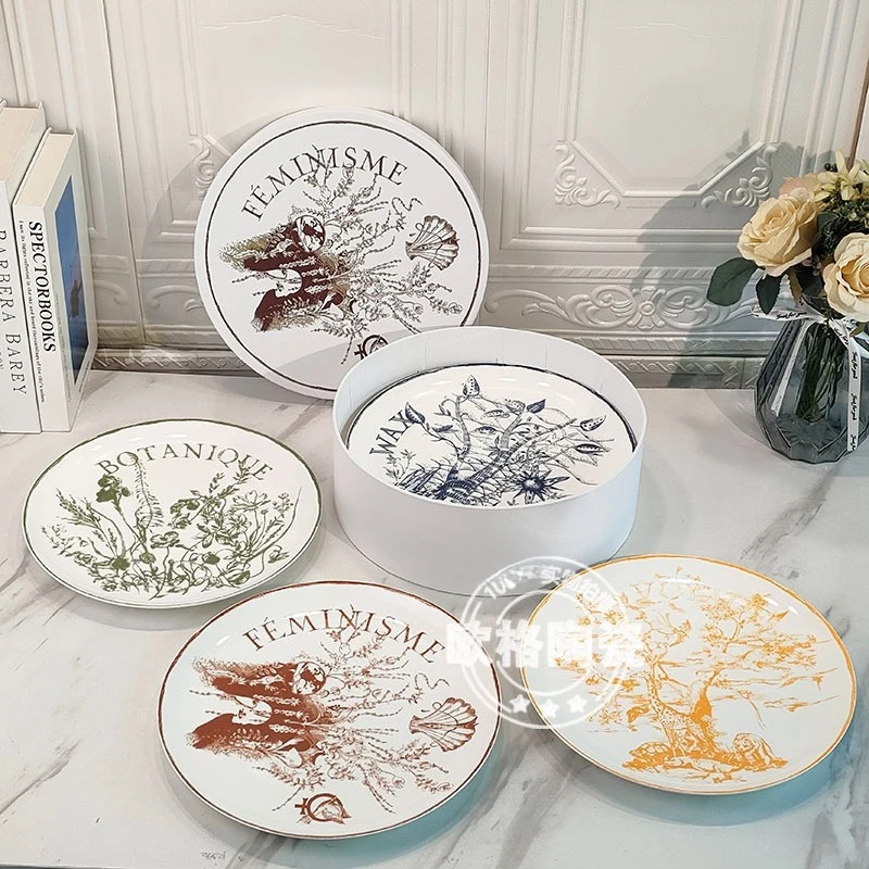 

4 Piece Bone China Western Plates Luxury European Style Flat Salad Steak Plates Home Dinnerware Gift Box Packaging