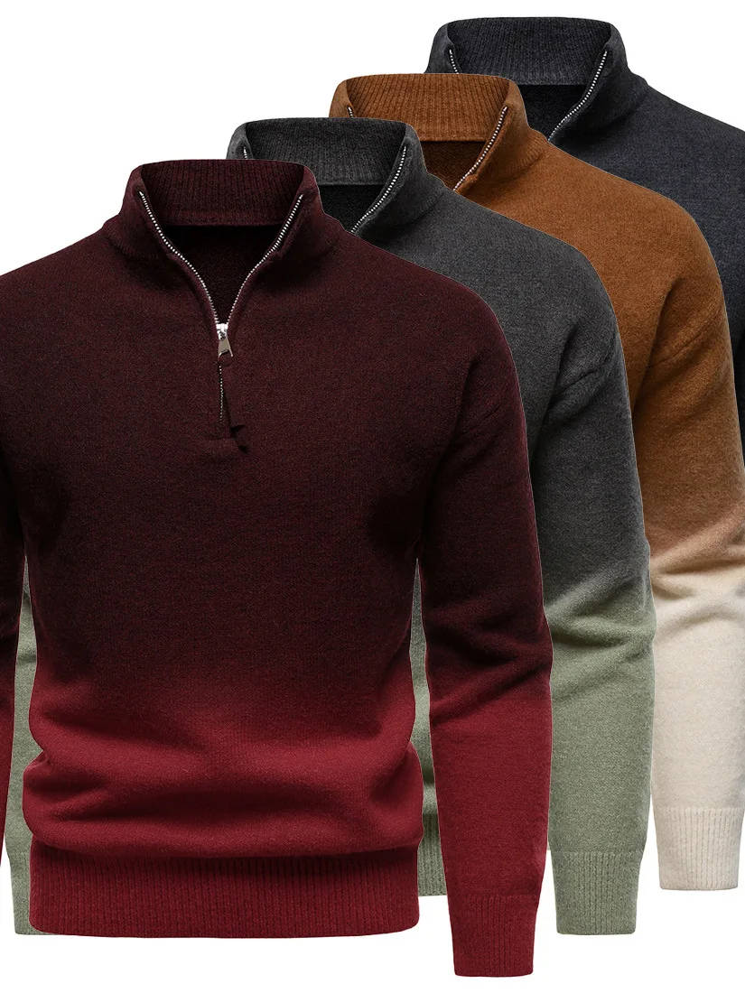 

Мужской трикотажный свитер с воротником-стойкой на молнии, модный классический повседневный свитер из смеси хлопка
