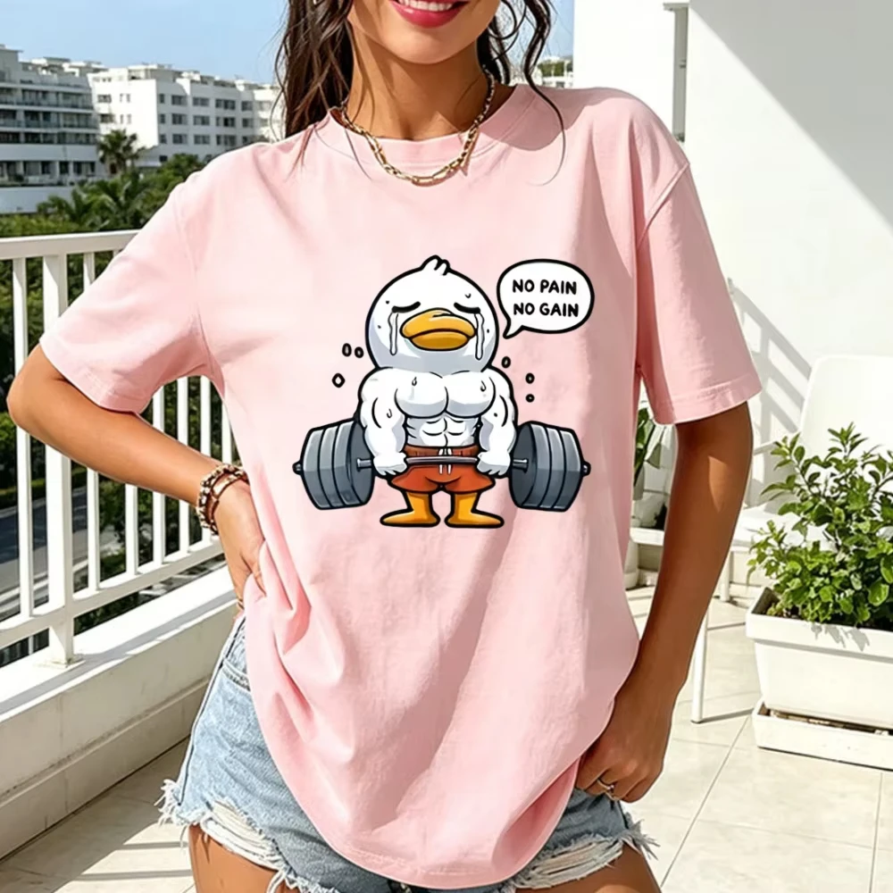 No Pain No Gain Buff Crying Weightlifting Duck Cotton Women T-shirt Cute Cartoon Gym Fitness Graphic Tops Fun Workout Tee