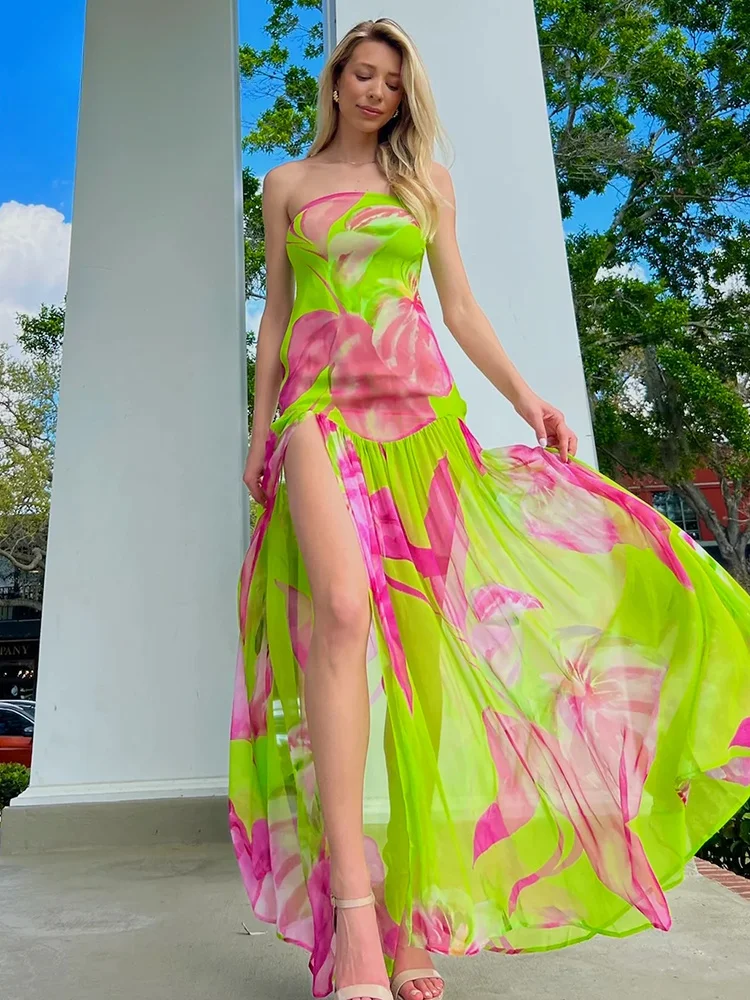 

2024 Summer Women's Fashion Strapless Sleeveless Floral Print Beach Holiday Sundress Long Dress New