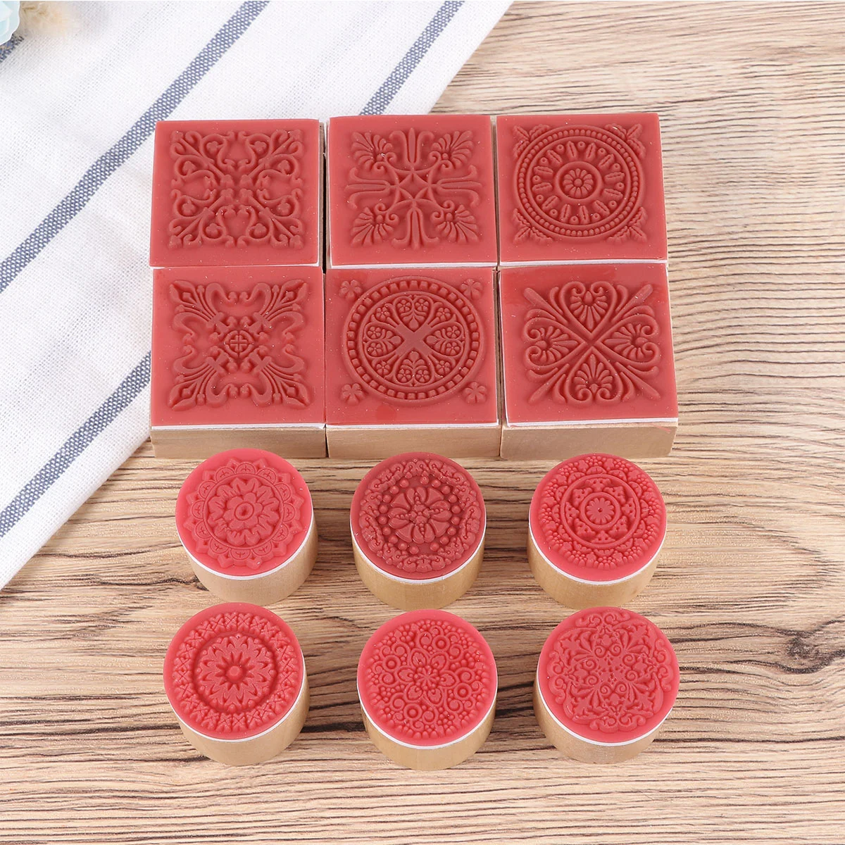 

12 Pcs Wooden Stamps Retro Lace Floral Stamps Round and Squares Decorative Stamps for DIY Craft and Scrapbooking - 6 Patterns &