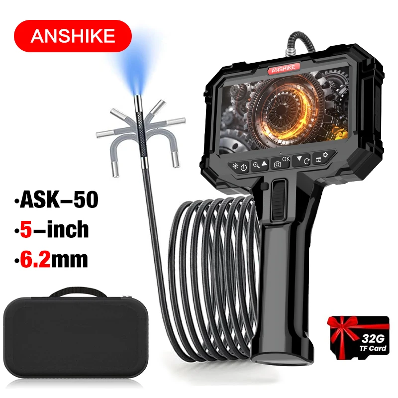 Two-Way Articulating Borescope with Light,  Industrial Endoscope Inspection Camera, 5-inch IPS Screen Waterproof