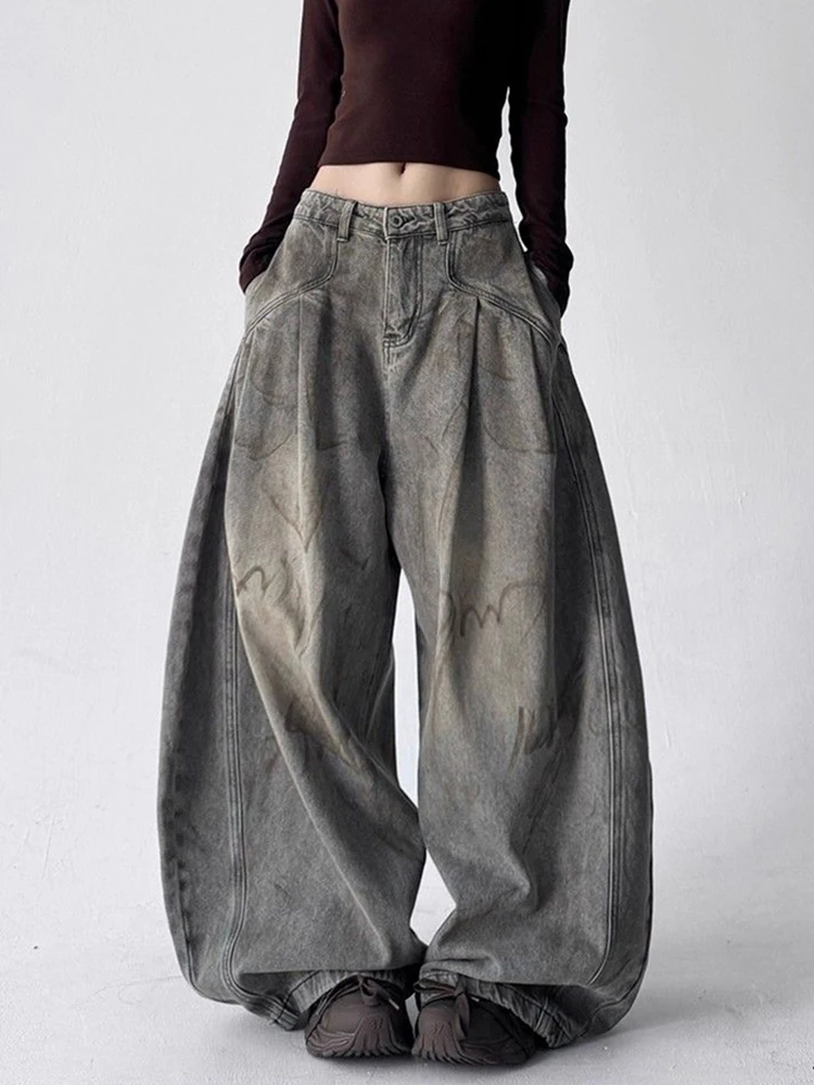 

Vintage Graffiti Jeans Women Loose Y2K Streetwear Wide Leg Denim Pants New Gray Retro Casual Harajuku Female Straight Trouser