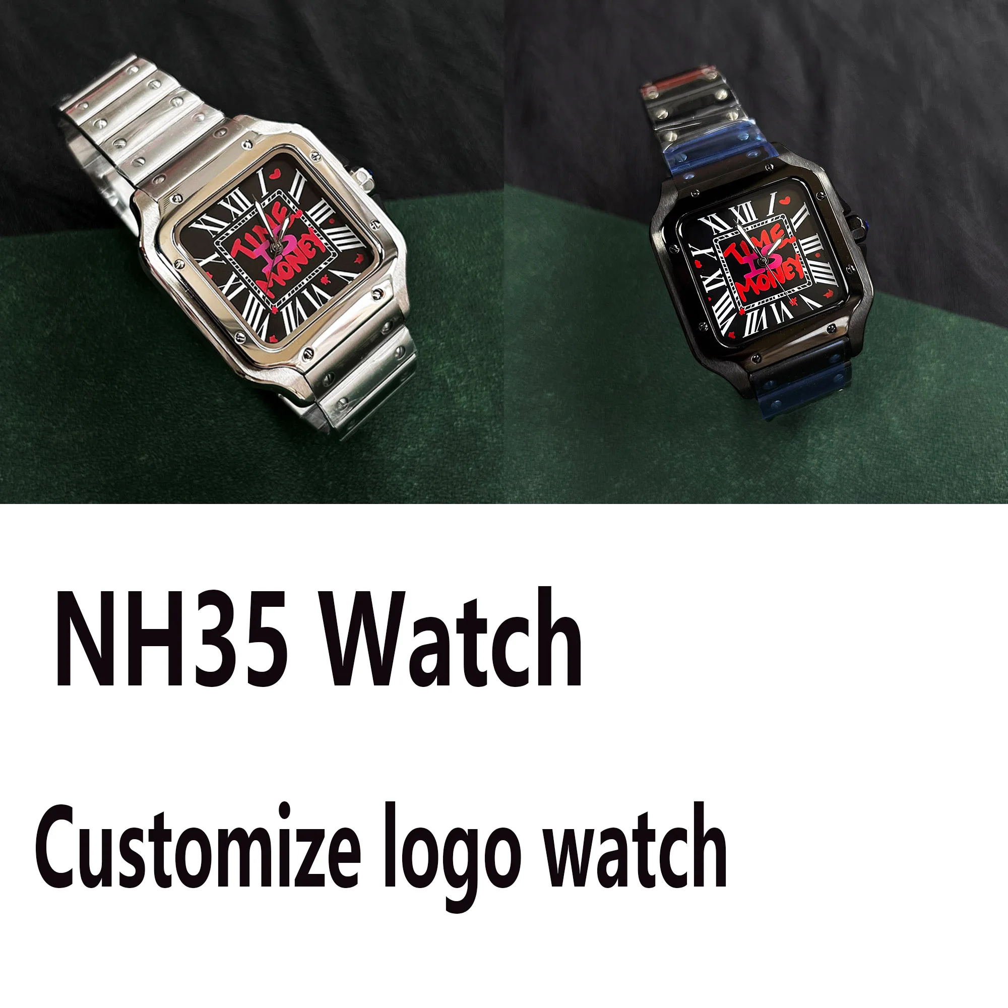 Orologio da uomo Orologio NH35 quadrante personalizzato quadrante quadrato fibbia pieghevole in acciaio inossidabile, adatto per accessori per orologi con movimento NH35