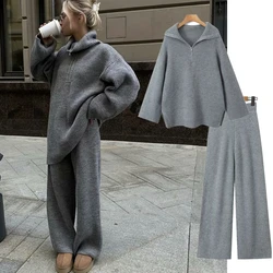 Maxdutti Two Pieces Sets Sweaters Staright Pants Trousers Winter French Minimalist Casual Knitted Suit Zippers Pullover Tops