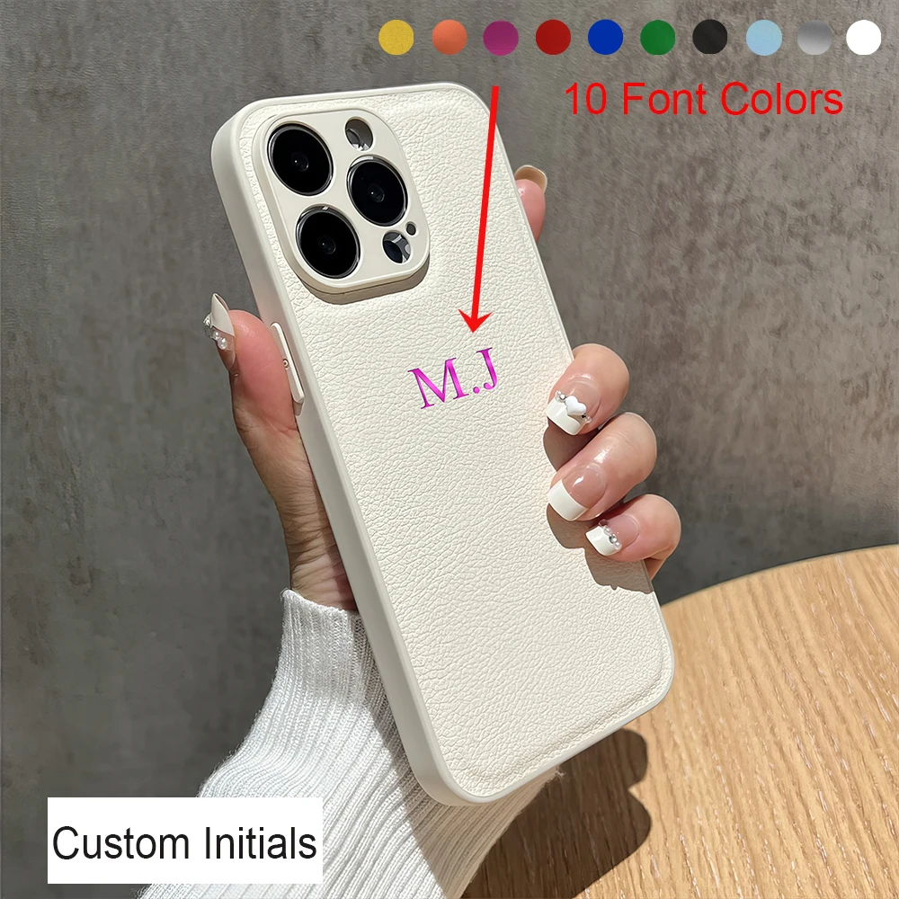 Personalized Customized Name Case For iPhone 15 14 13 12 11 Pro Cover 13 14 Max Initials Letters Leather DIY Engraved 16 Pro Max