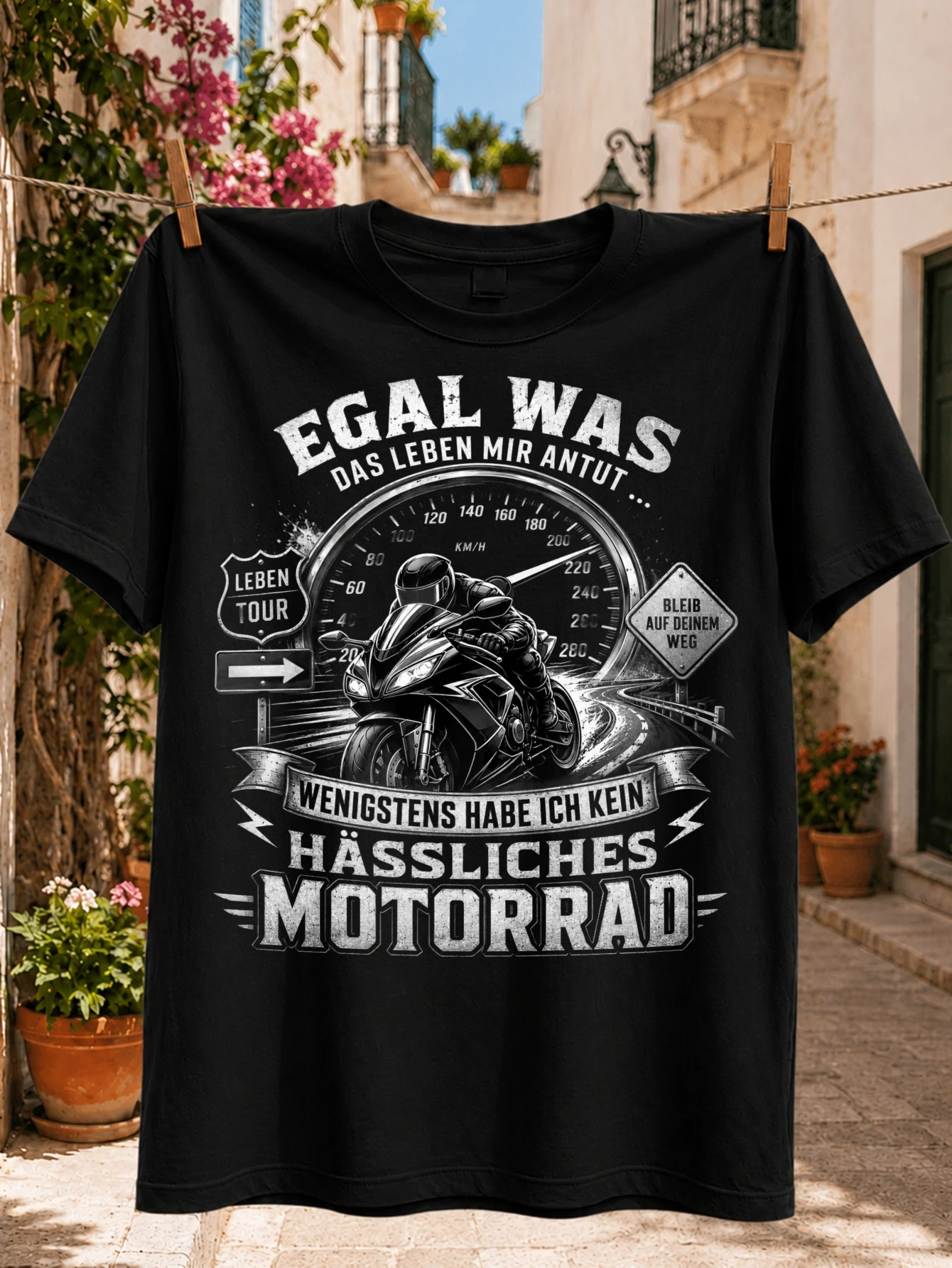 German Motorcycle Humor with Sport Bike Speedometer Road Signs and?No Ugly Motorcycl? Vintage  Unisex All T-Shirt