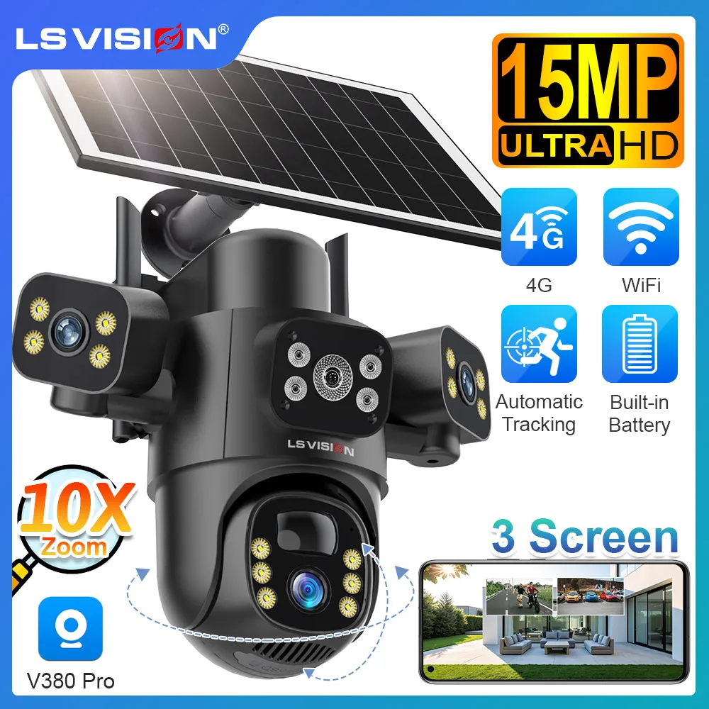 

LS VISION 15MP Three Screen Solar Security Camera Outdoor 4G/WiFi PTZ 10X Digital Zoom Human Auto Tracking CCTV Cameras V380 Pro