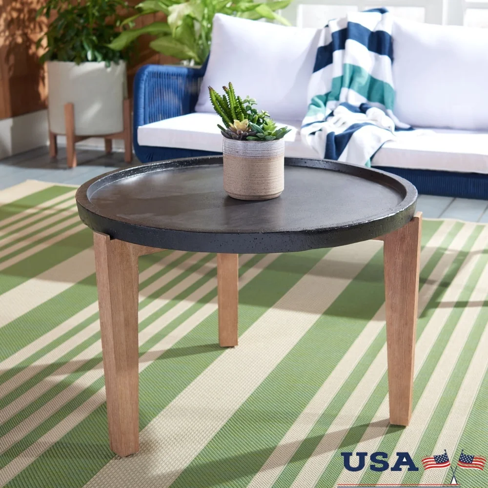 

Outdoor Round Side Table Acacia Wood Black Concrete Top Weather Resistant Stylish Patio Furniture Assembly Required 15 lb Load
