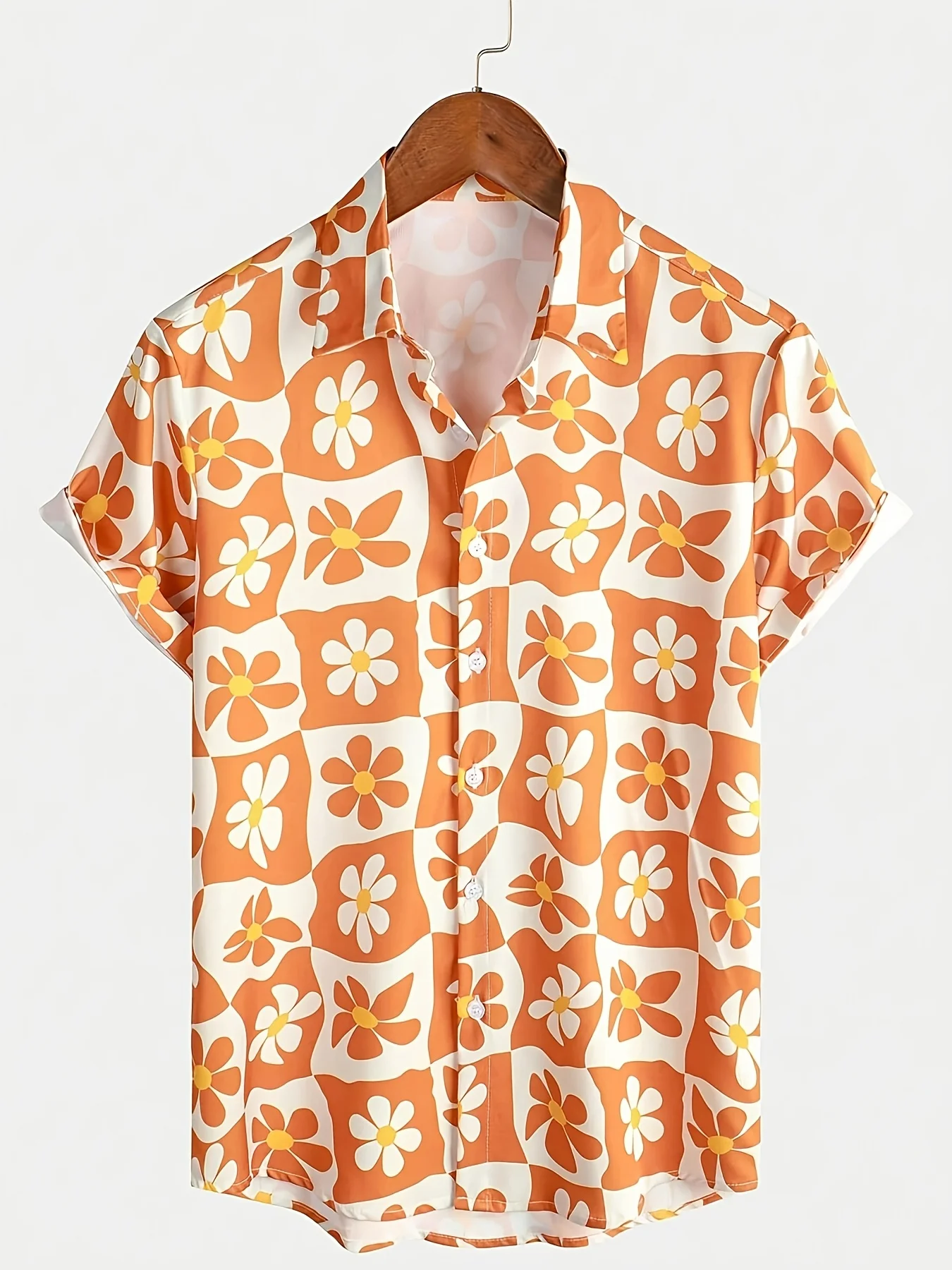 Men Orange White Wavy Check Daisy Retro Fresh Satin Print Short Sleeve Casual Shirt