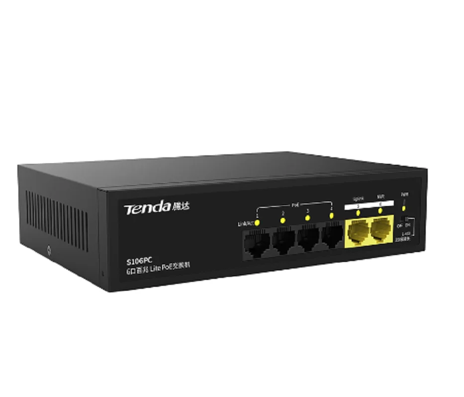 Tenda S106 100M dual-port uplink unmanaged PoE switch adopts AF standard power supply mode and intelligently identifies powered