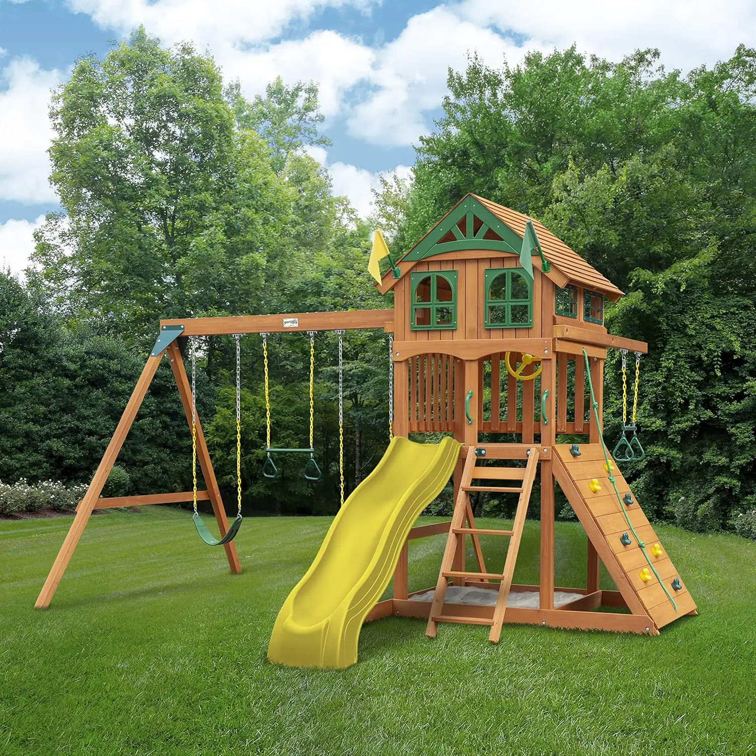 Outing Wood Swing Set with Wood Roof and Trapeze Arm - Yellow Slide