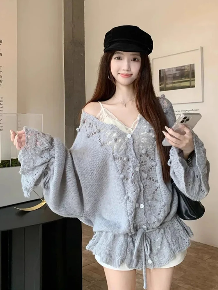 French Style Hollow Out Knit Cardigan Women Autumn New Vintage Lazy Loose Casual Sweater V Neck Lace Up Long Sleeve Baggy Tops