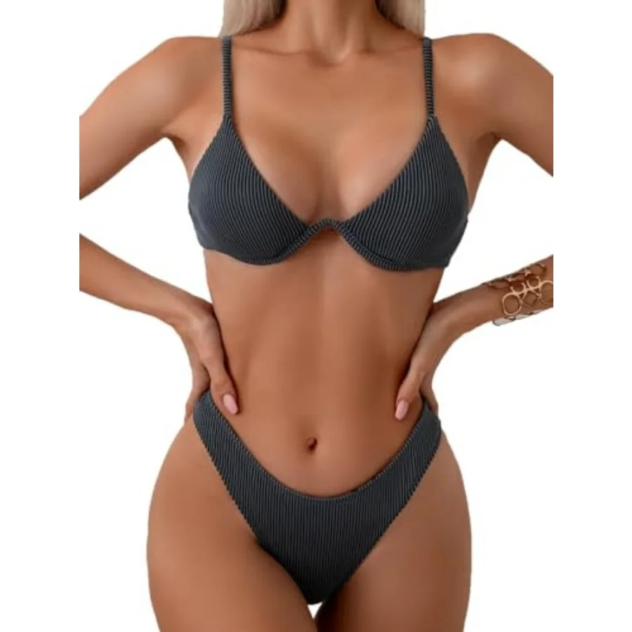 Fanuerg Women Underwire Triangle Bikini Spaghetti Strap Push Up Swimsuit Cheeky Two Pcs Bathing Suit
