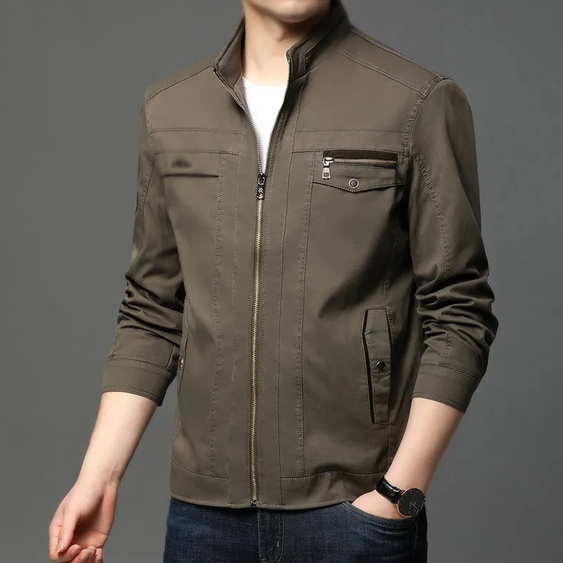 Spring Autumn Cotton Stand Collar Jackets Men Slim Casual Zippers Coat Mens Long Sleeve Bomber Jacket Solid Color Outerwear Man