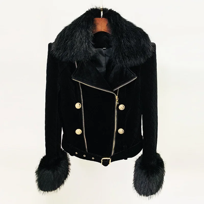 New designer velvet jacket, women's detachable faux fox fur collar, double zippered motorcycle black jacket, short jacket