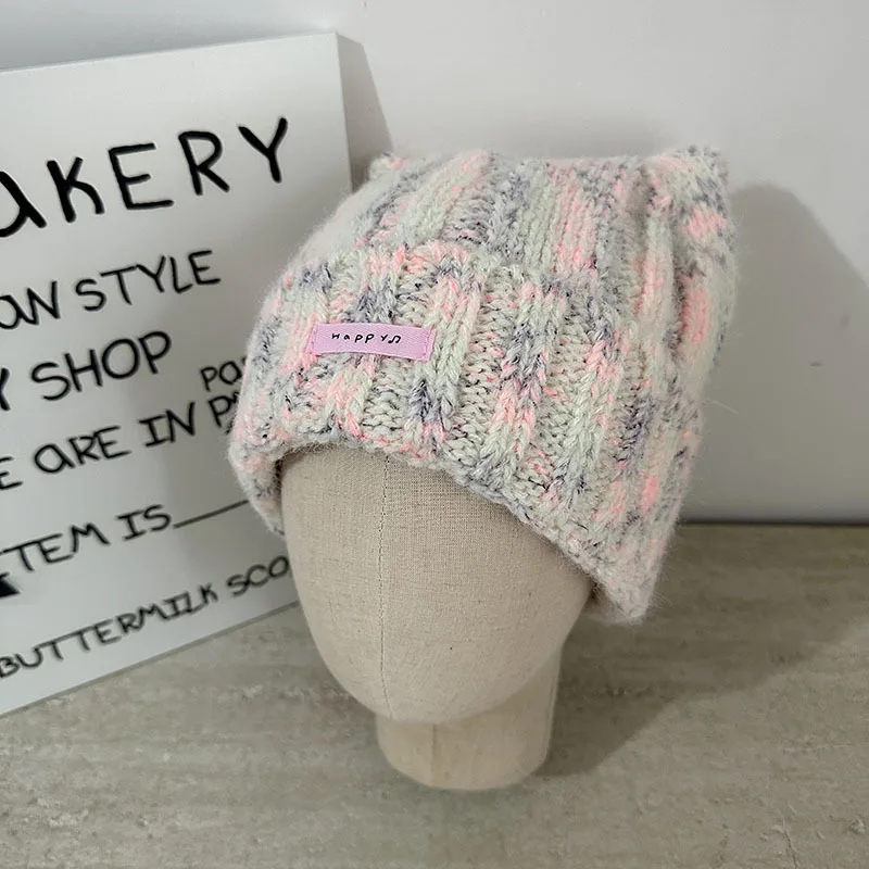Koreanischer Stil, mehrfarbige Katzenohren-Strickmütze für Damen, niedlich, dick und warm für Herbst und Winter, Skull-Beanie-Mütze. – Detail 6