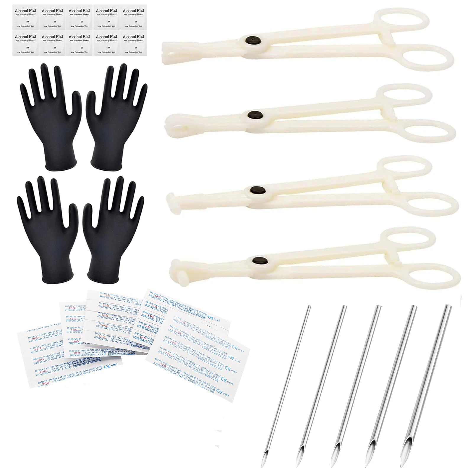 43Pcs Professional Piercing Kit Includes Mixed 12G-20G Ear Nose Piercing Needles Disposable Piercing Clamps Tools Gloves