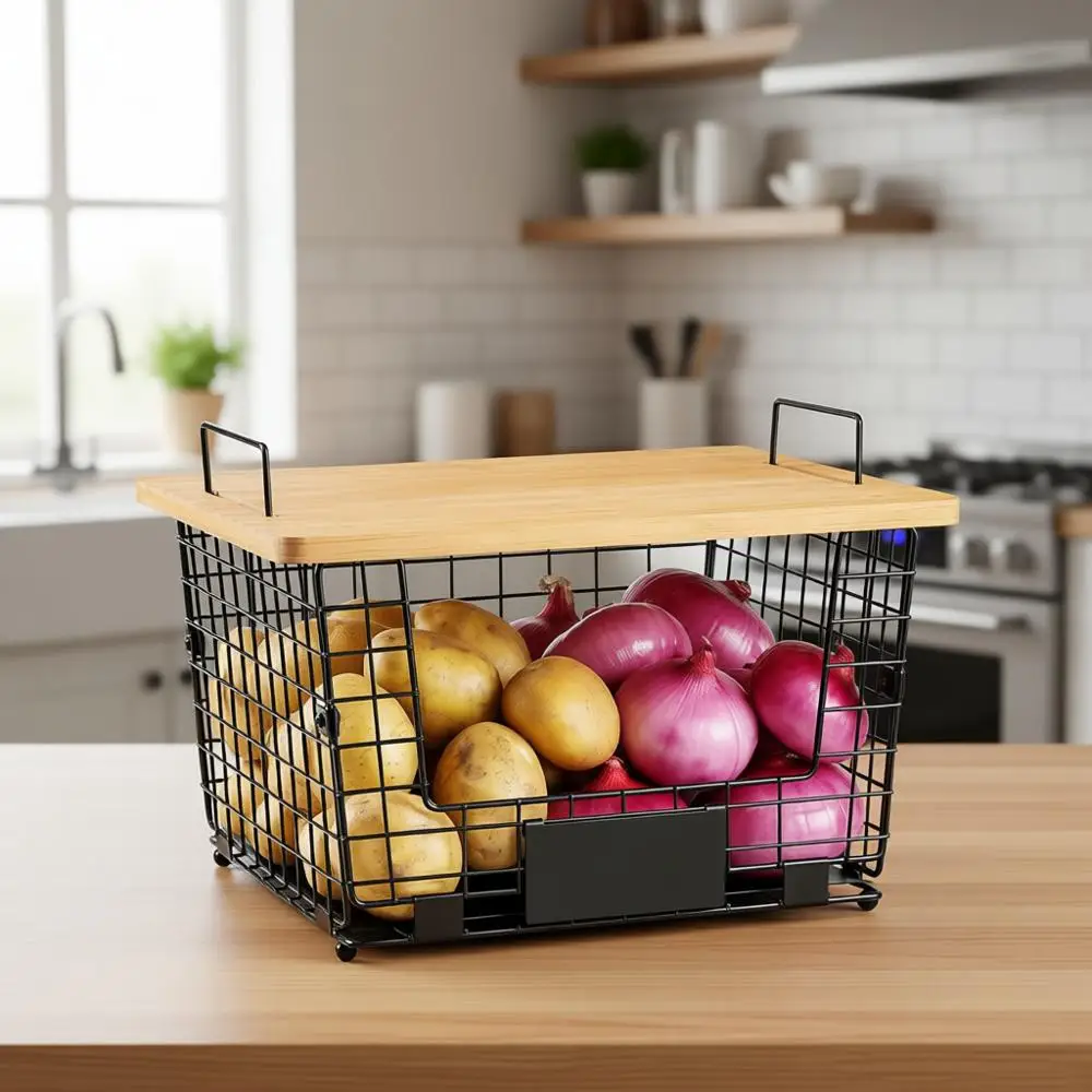 

Очень большие штабелируемые проволочные корзины с бамбуковыми крышками — решения для хранения на кухне, в кладовой, на столешнице и у раковины, идеально подходят для