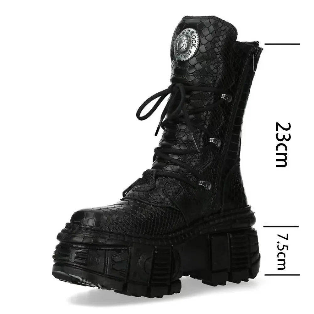 

Men's Fashion Genuine Leather Motorcycle Boots Goth Skull Punk New Women Mid-calf Western Cowboy Boots Platform Metallic