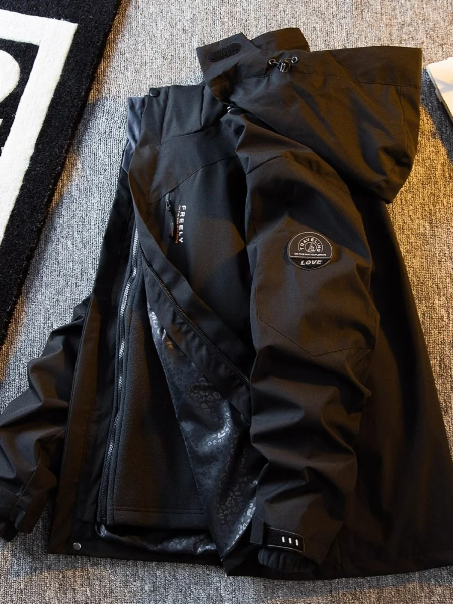 

Мужская зимняя куртка 3-в-1 с отстегивающимся капюшоном: теплая, ветрозащитная, хлопковая, молодежная, модная, стандартный крой