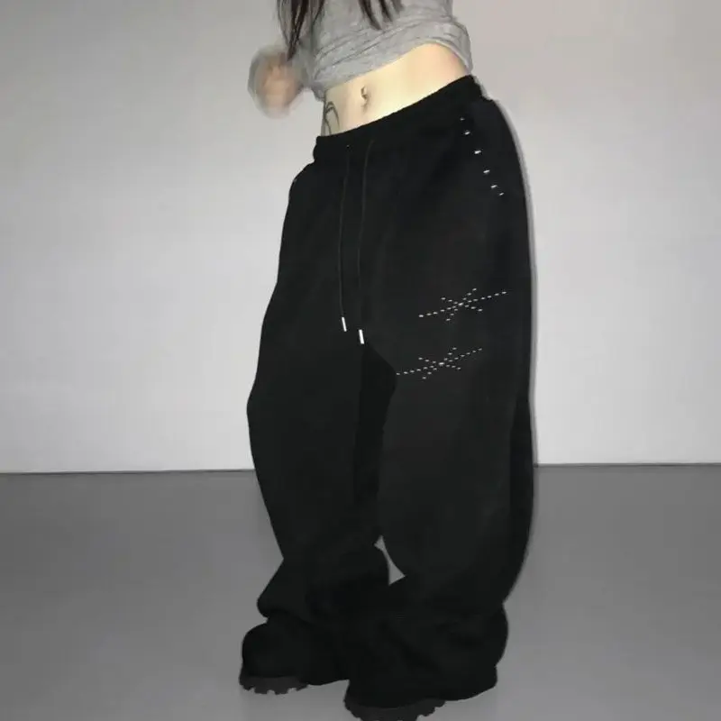 Deeptown Gray Rhinestones Women Sweatpants Black Vintage Wide Leg American Style Hip Hop Trousers Oversized Jogging Casual Thick
