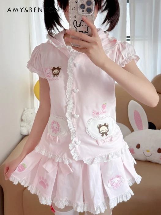 

Sweet Lolita Style Cartoon Print Outfits Japanese Kawaii Rabbit Ears Hooded Short-sleeved Top Slim-fit Mini Skirt Spring New