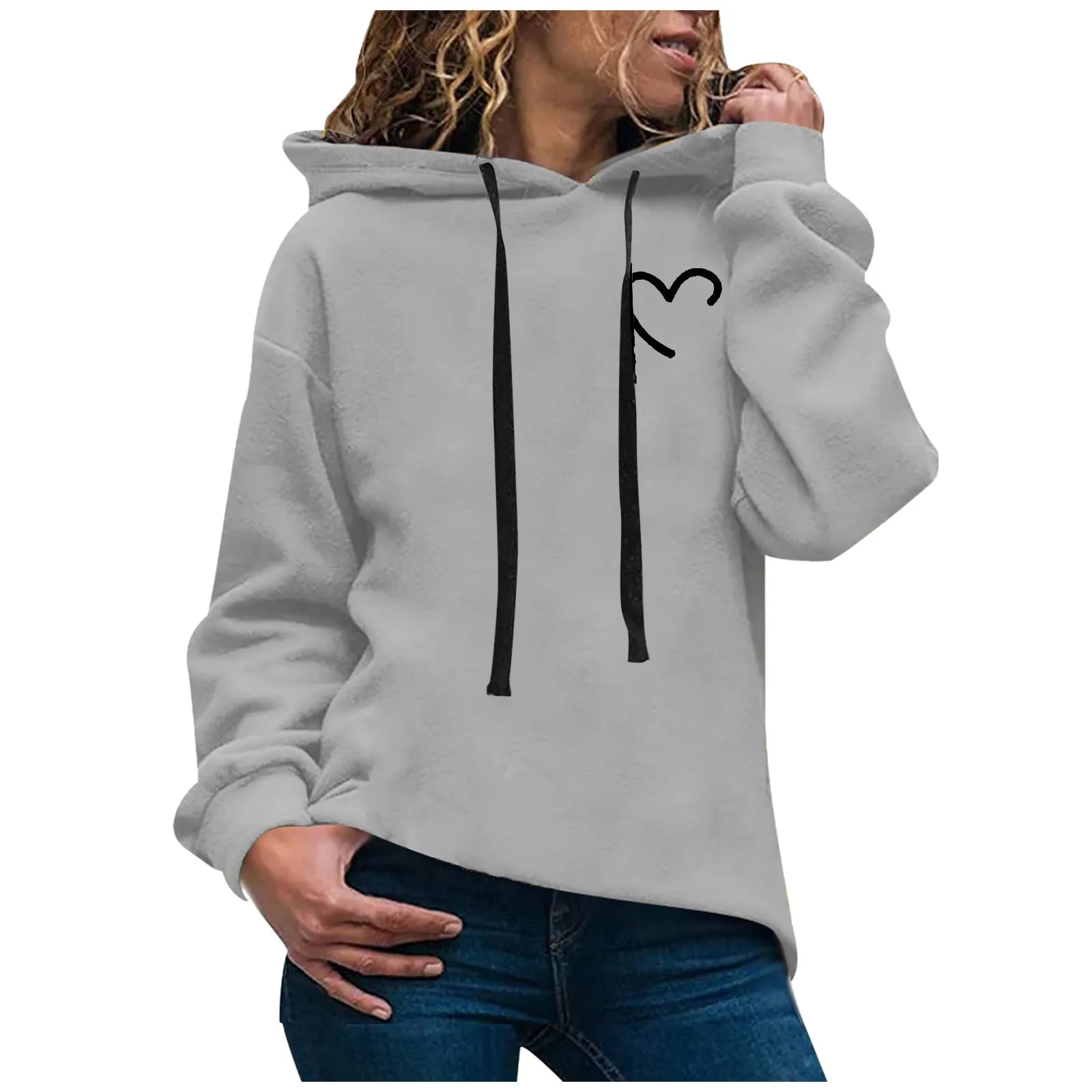 New Women Hoodie Warm Loose Drawstring Hood Pullover Heart Print Spring Casual Oversized Sweatshirts Streetwear