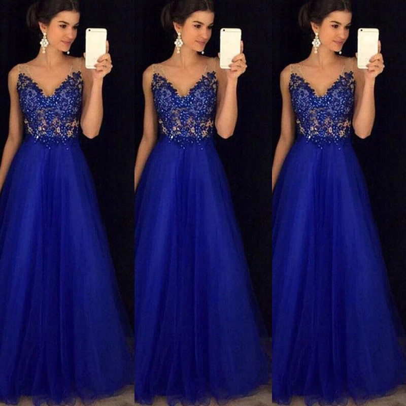 Vestido largo de encaje para mujer, vestidos de graduación, vestido de noche de encaje azul para fiesta de boda, vestidos sin mangas con cuello redondo