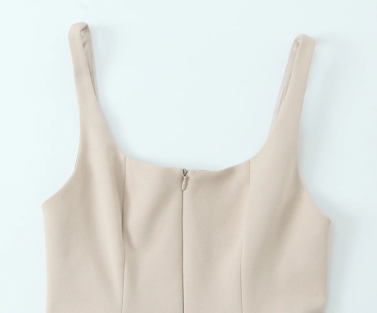 بلوزة صيفية بدون أكمام مع سحاب وحاشية مكشكشة وتصميم بدون ظهر بلون سادة وتنورة قصيرة بحاشية وحزام سباغيتي بدون أكمام #6