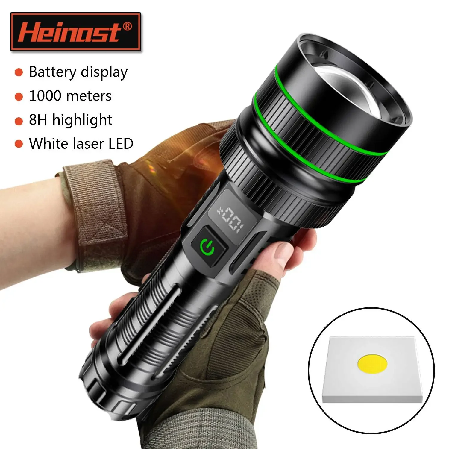 Heinast Powerful LED Flashlight 10000LM Rechargeable Tactical Torch with Power Display 1500M Long Range Outdoor Camping Lantern