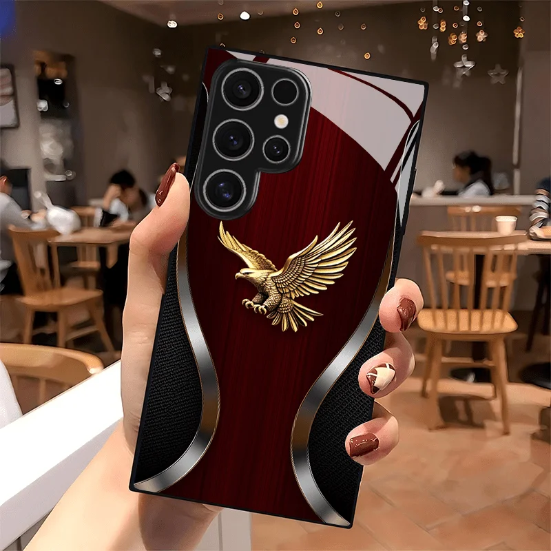 Luxuriöse Goldene Adler Mode-Handyhüllen Glas-Handyhülle für Samsung Galaxy S26 S25 S24 S23 S22 FE, Ultra, Pl