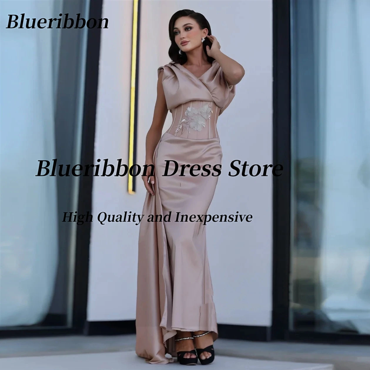 

Blueribbon Ruched V-образным вырезом Пром платья Корсет с бисером Свадебное платье с цветами Вечерние платья по индивидуальному заказу