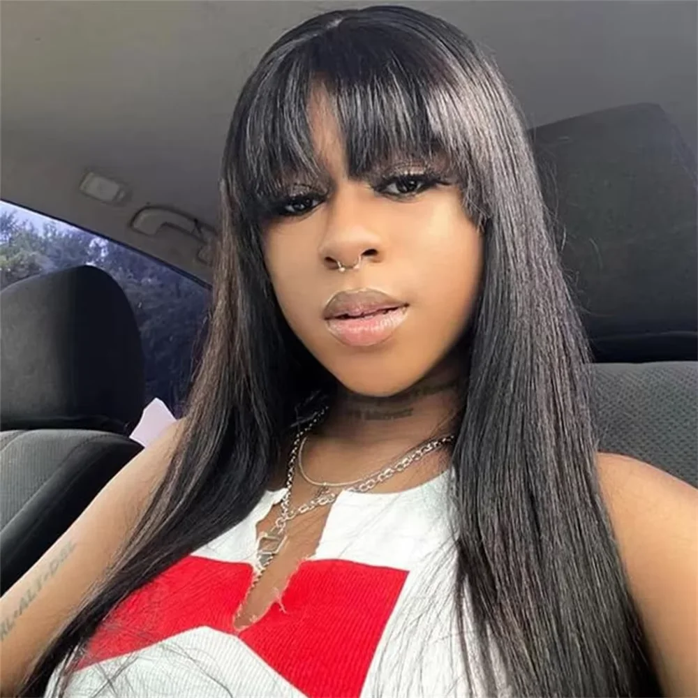 30 34 Inch Bone Straight Human Hair Wig With Bangs 3X1 Middle Part Lace Wig Cheap on Sale Straight Human Hair Wigs For Women