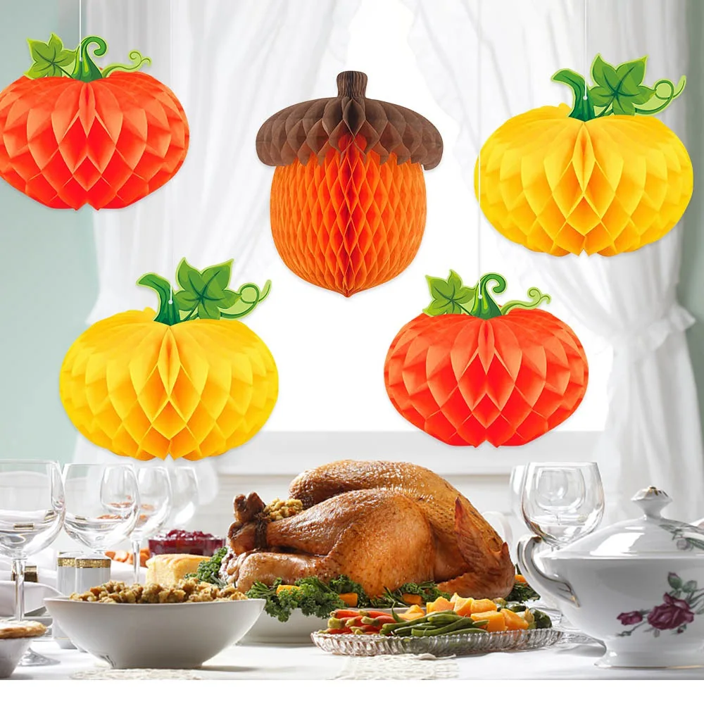 3Pcs/set Pumpkin Chestnut 3D Honeycomb Pendant Thanksgiving Halloween Party Decoration Honeycomb Pendant Autumn Harvest Festival view 2