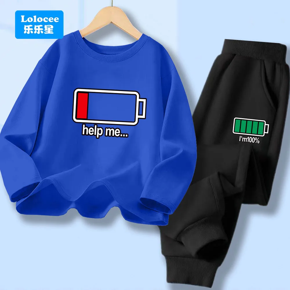 Herfst Kid Jongen Lange Mouw 2 Stuks Kleding Set Kinderen Grappige Batterij Brief Gedrukt T-shirt Trui Top En Broek trainingspakken DCW1