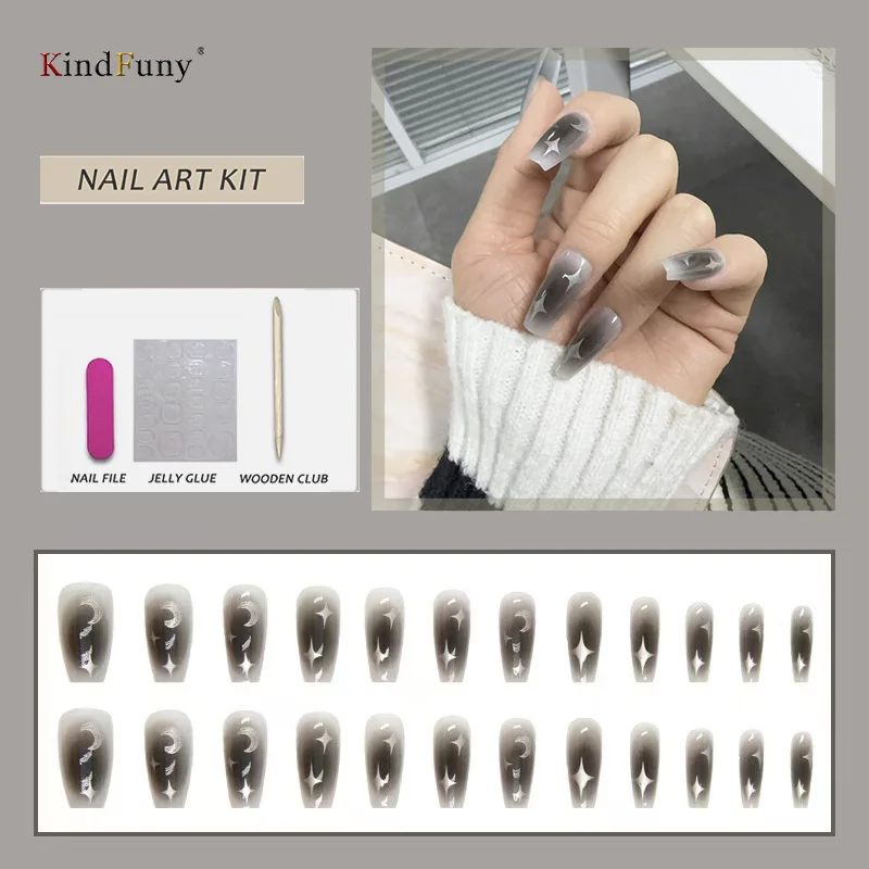 

24Pcs Press on Nails Y2K Star Diamond Designs for Cool Girls Nude Color Fake Nails for Women Full Cover False Nail Tips