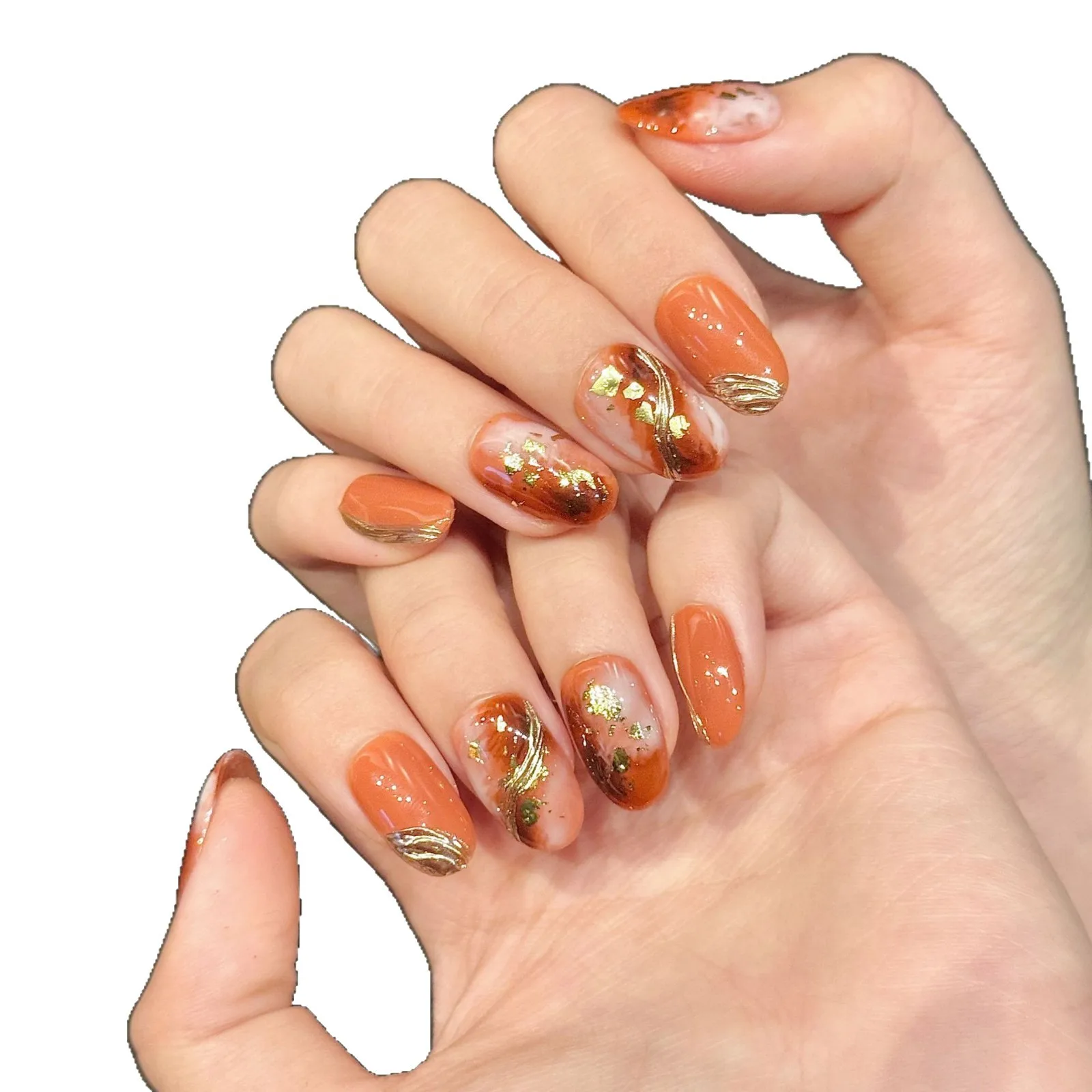 10Pcs Handmade Nails Japanese-Style Gold Foil Glitter Gradient Autumn/Winter Short Press-On Nails Perfect Gift for Women