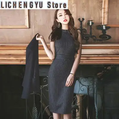 New Spring Autumn Women Ponchos Blazers And Jackets Two Piece  Striped Sleeveless Dress Set