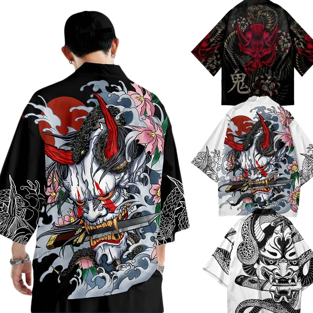 

New Demon Snake Print Cardigan Men's Chinese Dragon Pattern Japanese Kimono Plus Size Asian Traditional Costume Cosplay Coat