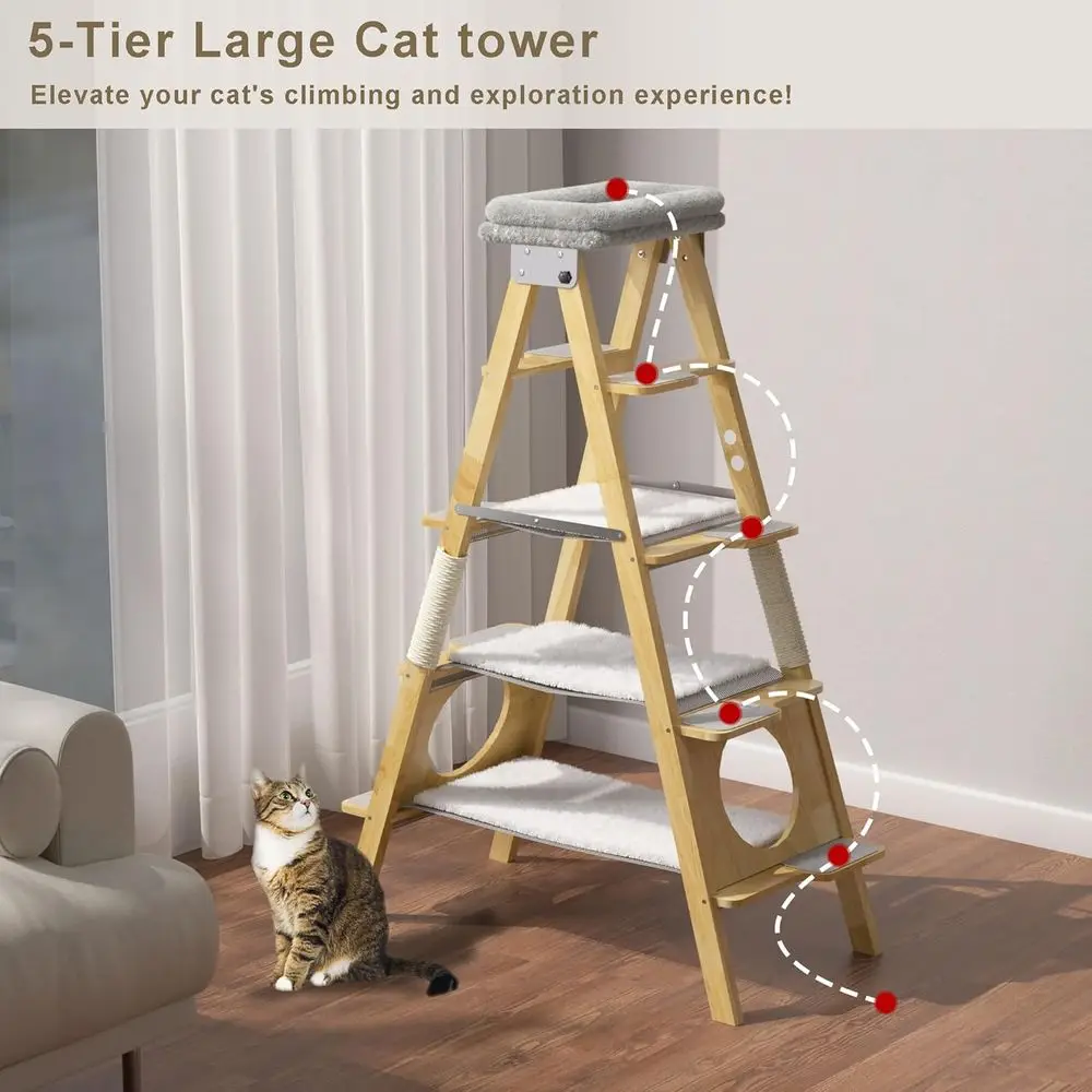 60인치 높이의 원목 캣타워, 해먹, 시잘 포스트, 간편한 청소 디자인