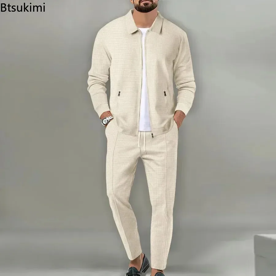 

2025 Men's Waffle Two Piece Suits Sets Casual Loose Lapel Zipper Coats and Pants Sets for Men Spring Autumn Long Sleeve Outfits
