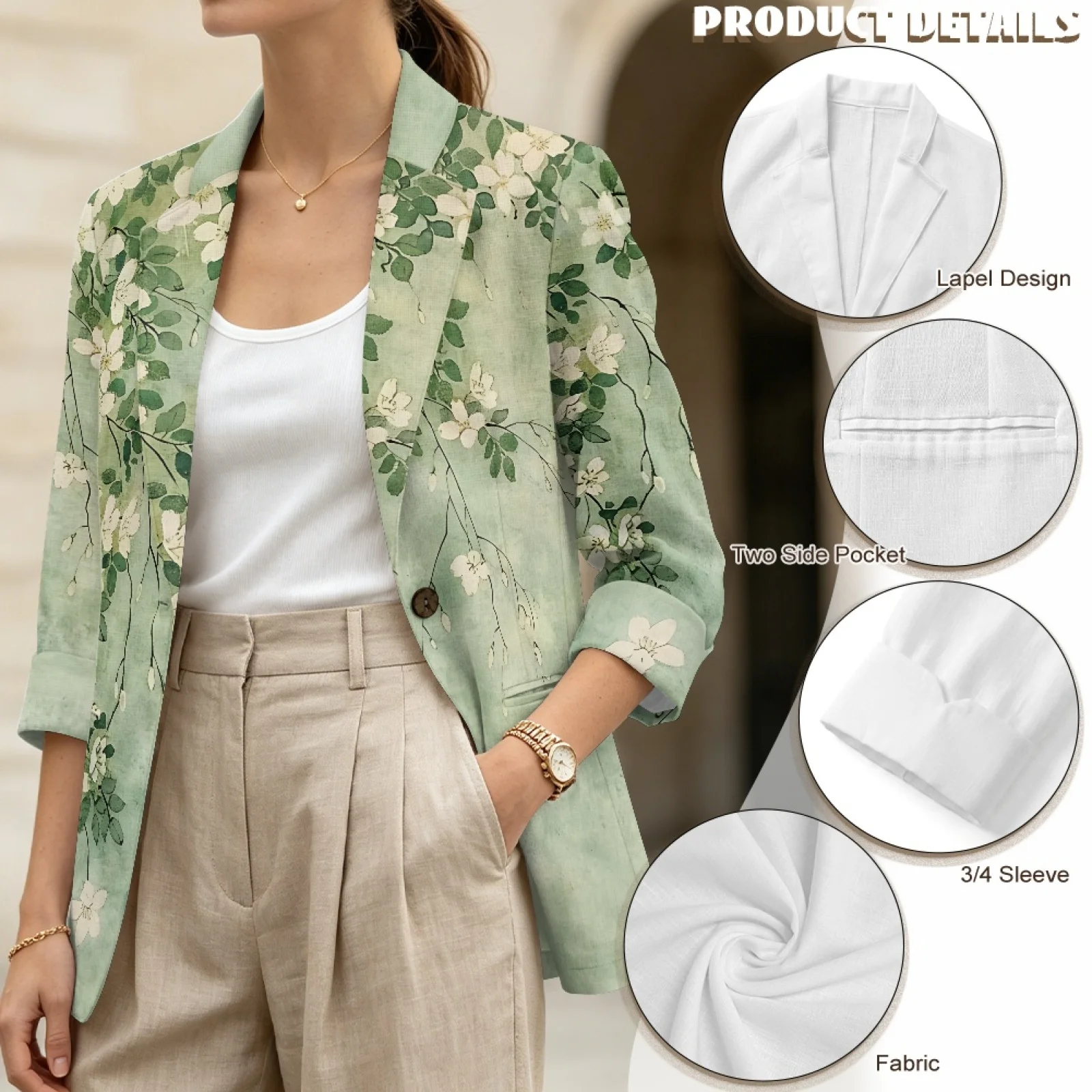 PENSTROLL Green Floral Branch Linen Like Open Front Cardigan for Daily Breathable Cardigans Beach Cardigan view 5