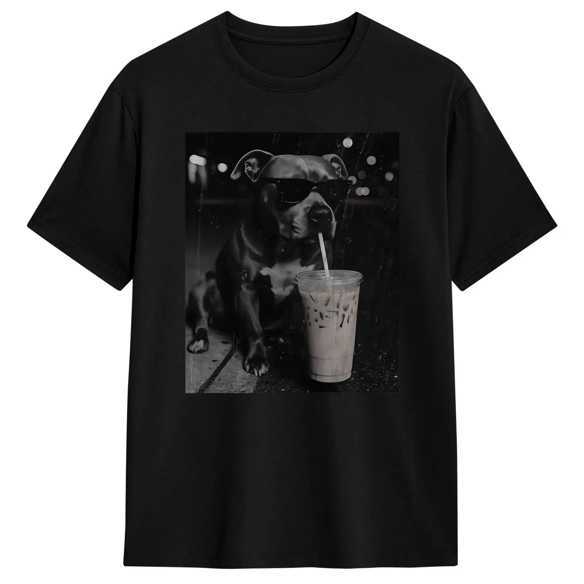 Harajuku T-Shirt Cool Funny Pitbull Drinking Iced Coffee Lovers Meme Graphic 100% Cotton T Shirts  Trending Tee Shirt Gift Idea