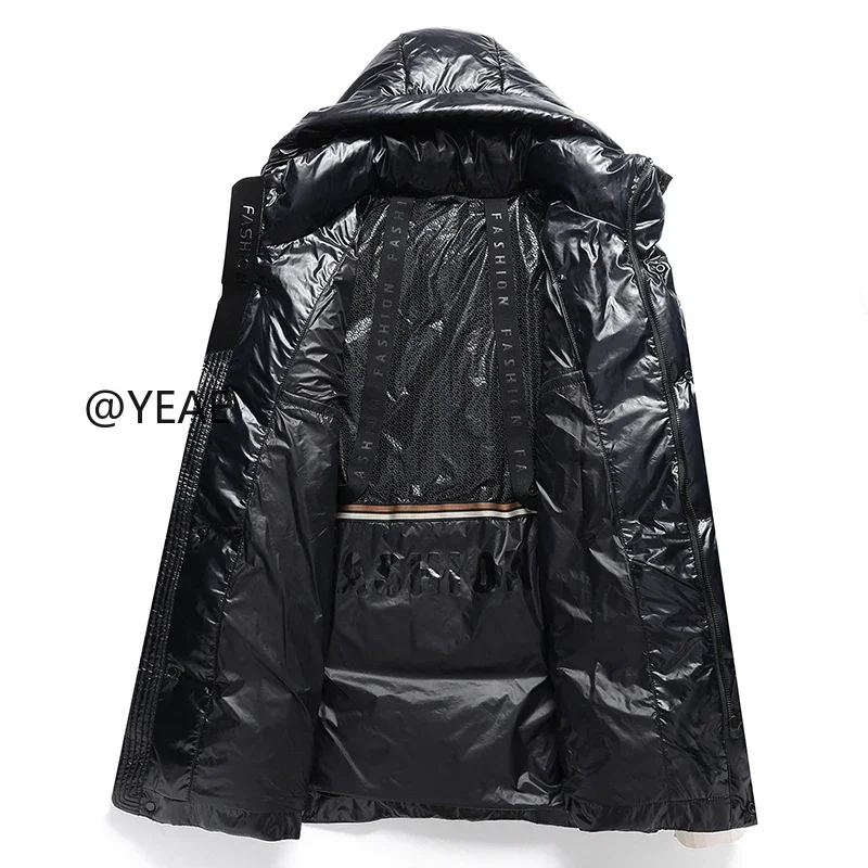 YEAE Black Gold Long Down Jacket Man Duck Down Padding Hooded Jackets Down Jacket Men Ultralight Male Cold Coat for Winter