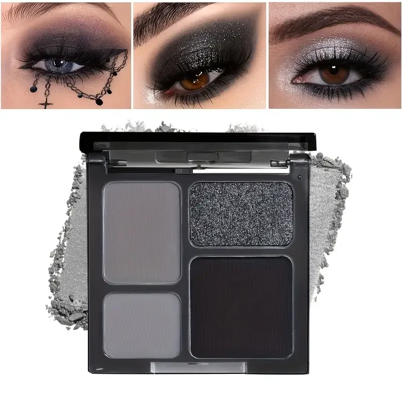 Paleta de Sombra Matte Pearl Glitter, Maquiagem Punk Smoky, Prata Cinza Preta, Maquiagem Festa de Halloween, 4 cores