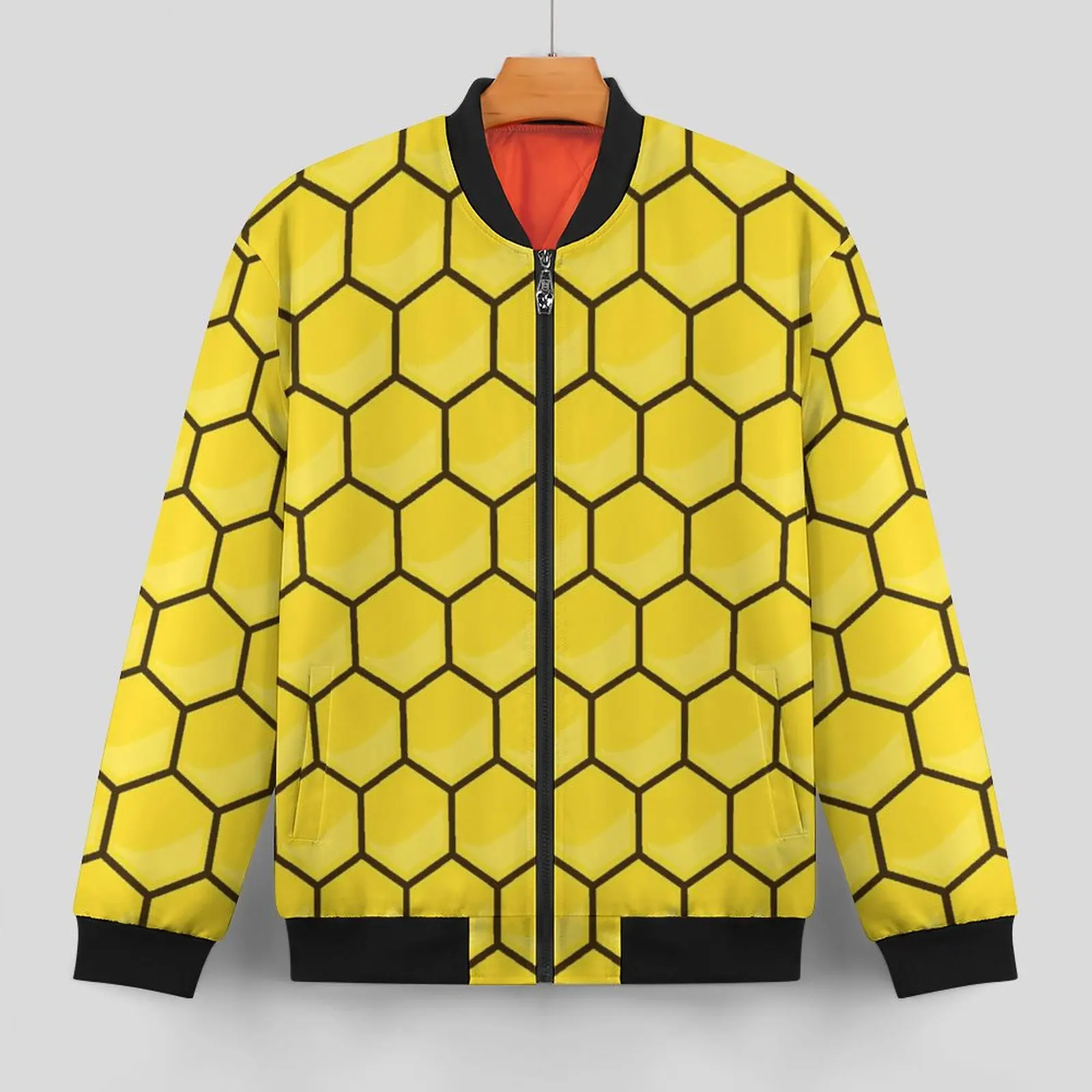 Abstract Geometric Jackets Winter Yellow Bee Honeycomb Aesthetic Casual Coats Men Hooded Loose Windbreak Graphic Oversize Jacket